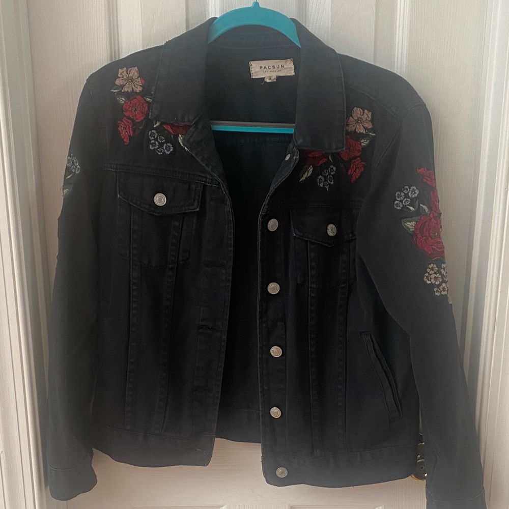 PacSun Black Jean Jacket with Red Floral Embroidery